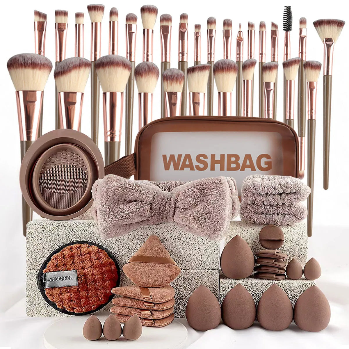 Beauty tool combination set with hydrophilic non-latex material in brown, pink, and purple colours