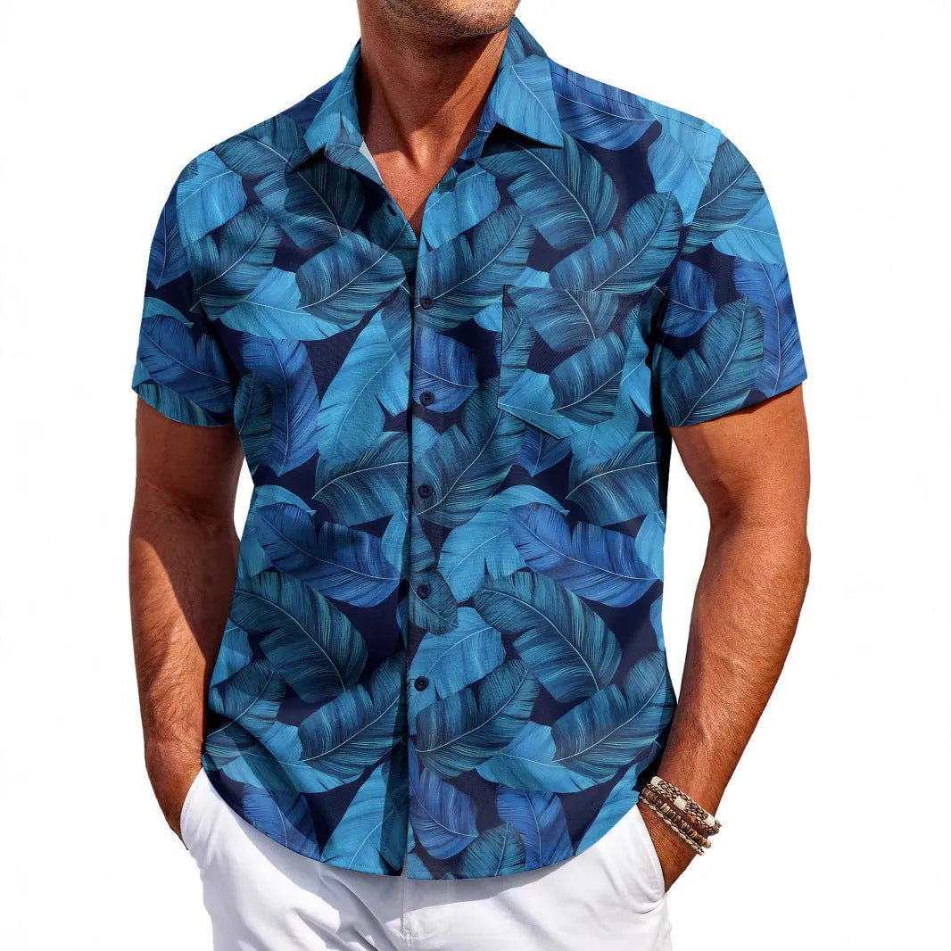 Men's slim fit Hawaiian short sleeve shirt in solid colour with cardigan styling