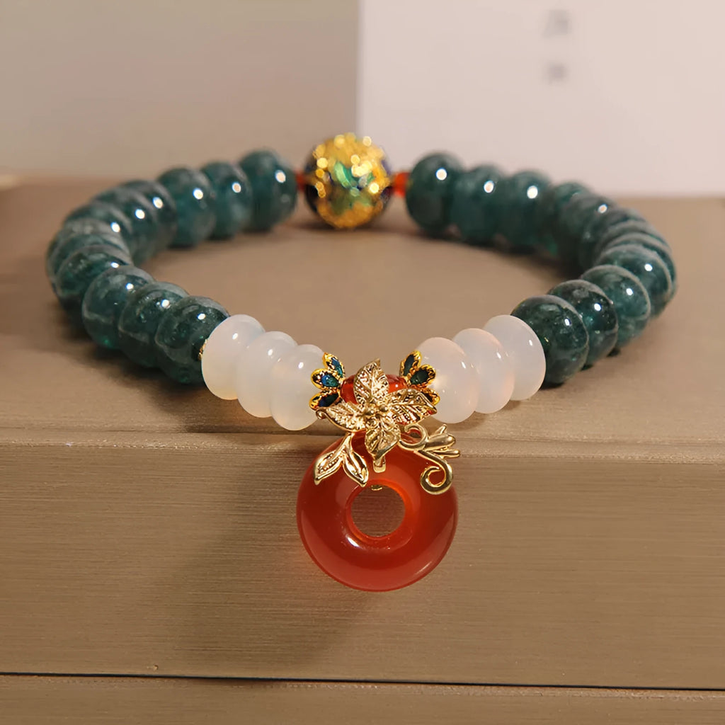 Blue water jade abacus beads and red agate peace buckle crystal bracelet with rhinestones