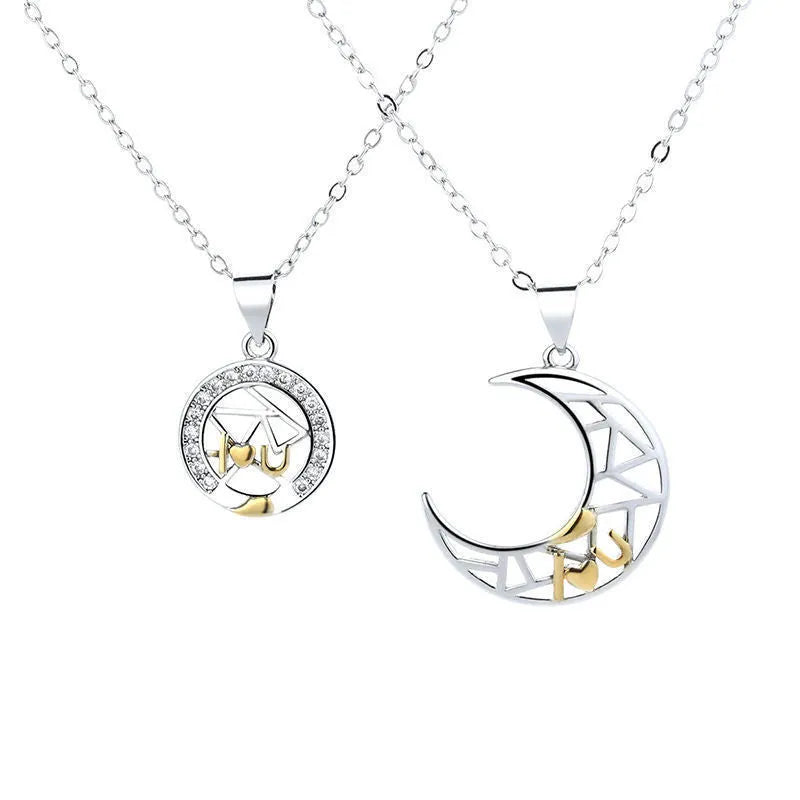 Sun Moon Tooth Couple Necklace with electroplated copper pendant and cross chain