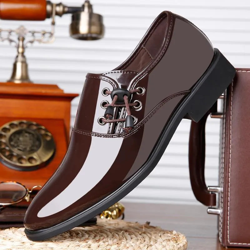 Men's black and brown business formal shoes with artificial PU upper and square heel