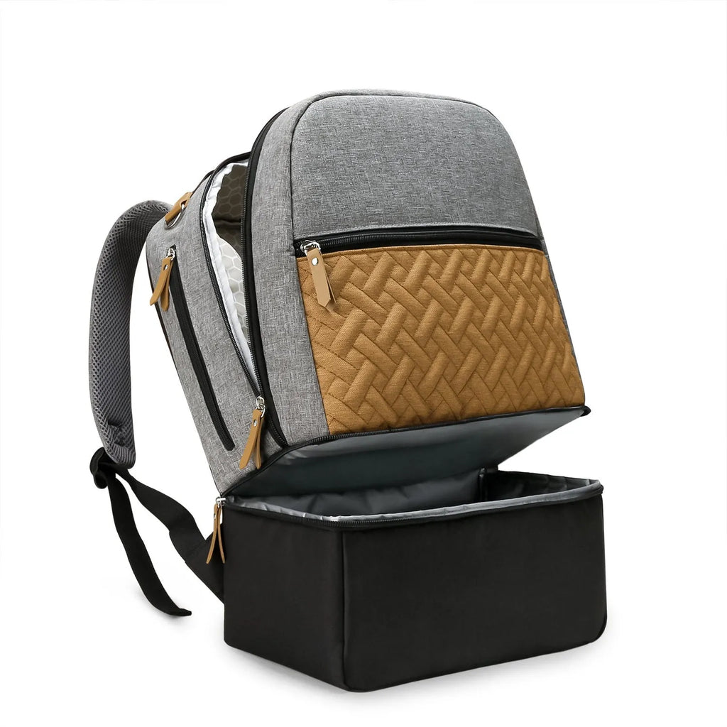 Grey insulated Oxford cloth mother and child travel backpack with curved shoulder straps, shown with dimensions 34x15x44cm