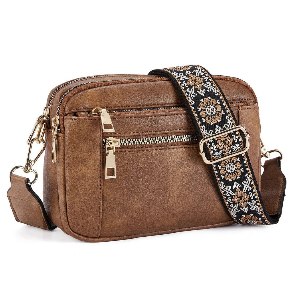 Triple-zipper colourblock crossbody bag with floral embroidered strap for women