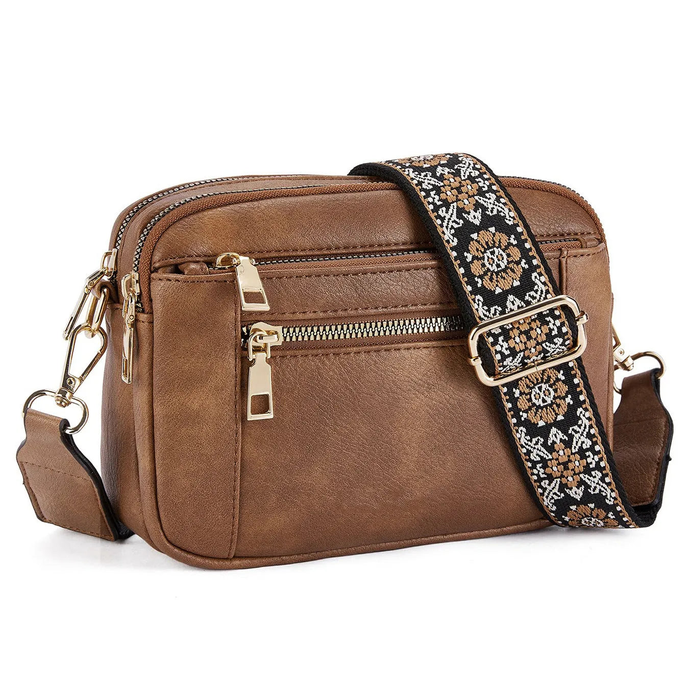Triple-zipper colourblock crossbody bag with floral embroidered strap for women