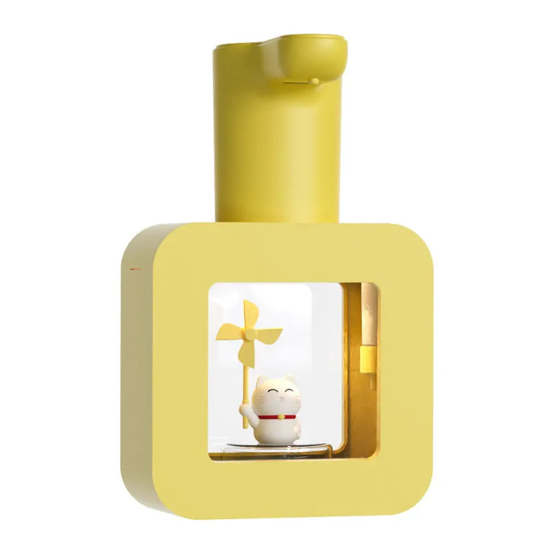 Pink automatic soap dispenser with unicorn cartoon design for touchless handwashing