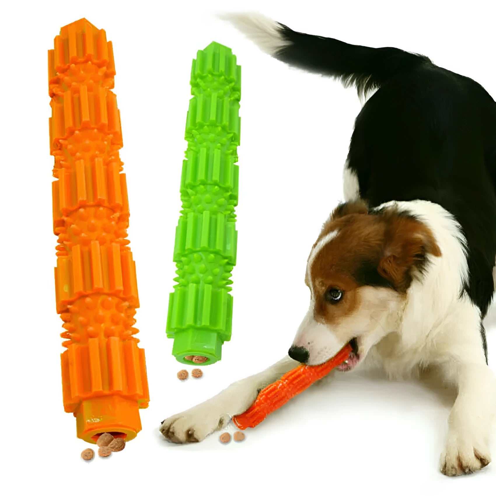 Green durable rubber dog chew toy with textured ridges and a hollow treat-dispensing centre.