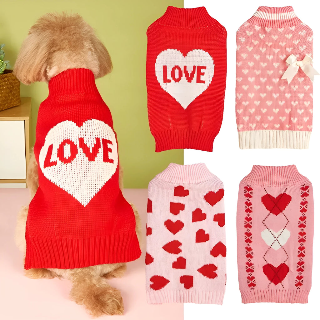 Red and pink dog sweater with love heart and bow designs in acrylic knit for small to medium dogs