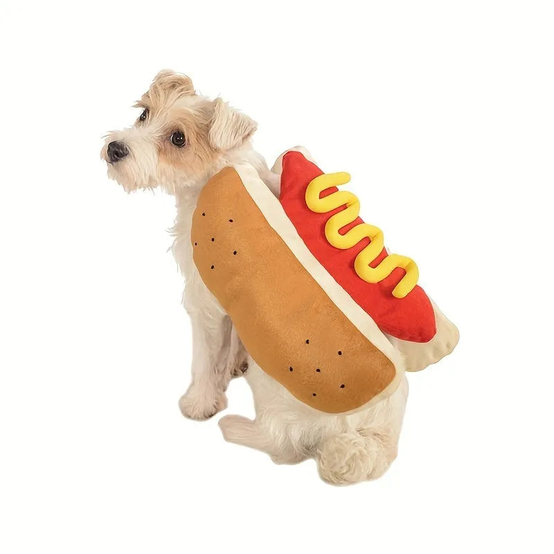 Brown and beige hot dog costume on a small dog, showing plush bun, sausage, and fabric mustard and ketchup toppings.