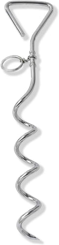 Silver spiral dog tie out stake made of solid steel for ground anchoring.