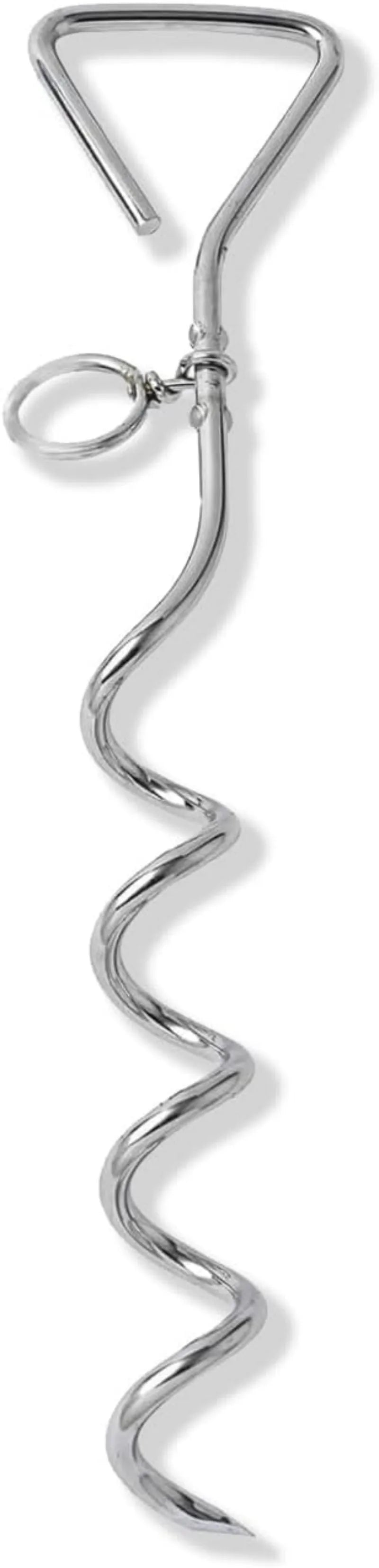 Silver spiral dog tie out stake made of solid steel for ground anchoring.