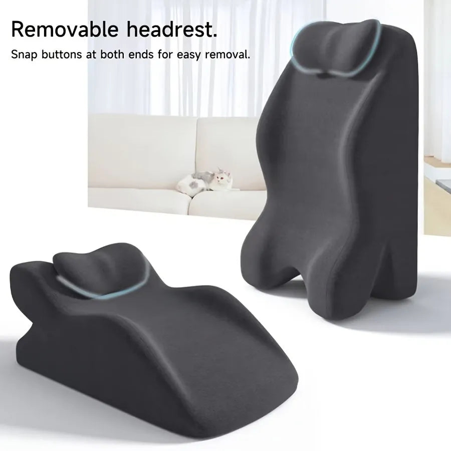 4-inch stomach sleeper pillow shown in blue, designed for prone sleeping positions and reading while lying down