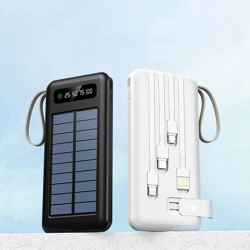 Solar power bank in black or white plastic shell showing dimensions and capacity options