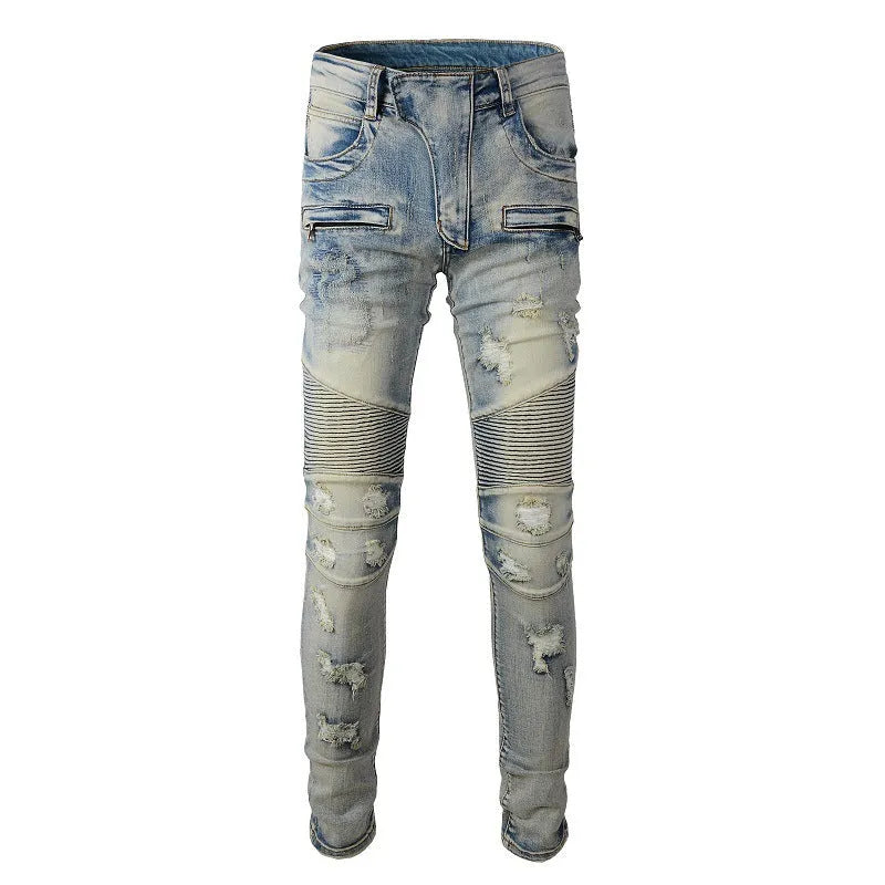 Light blue men's slim fit distressed jeans with hand-frayed detailing and stretch denim
