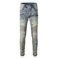 Light blue men's slim fit distressed jeans with hand-frayed detailing and stretch denim