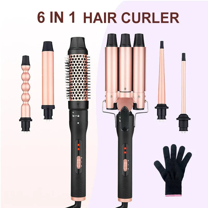Three-barrel water wave hair curler with wired power cord and interchangeable styling tubes