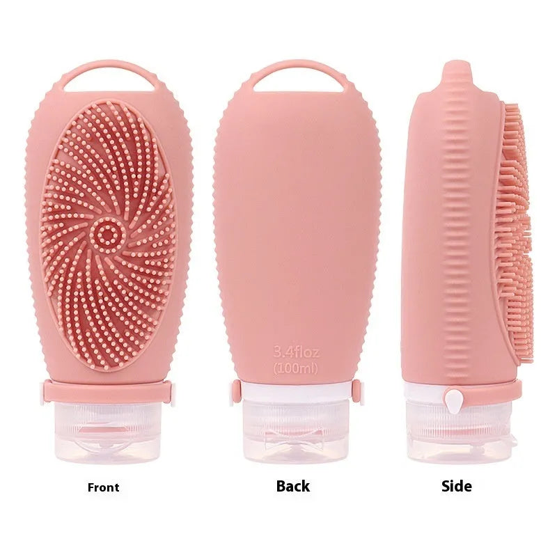 Silicone bath brush storage bottle in various colours on a bathroom shelf