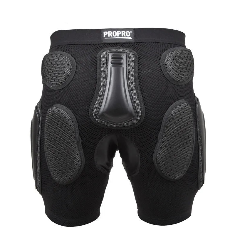 Black cycling hip protection pants showing padded hip area, sizes S M L XL available
