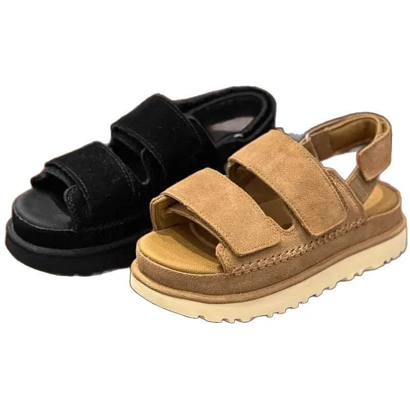 Women's maroon suede peep toe platform sandals with Velcro strap