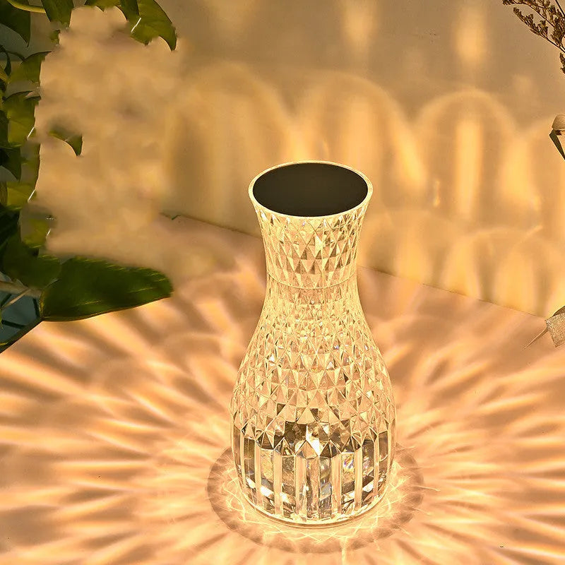 Crystal vase table lamp with remote control measuring 19cm tall on wooden bedside table