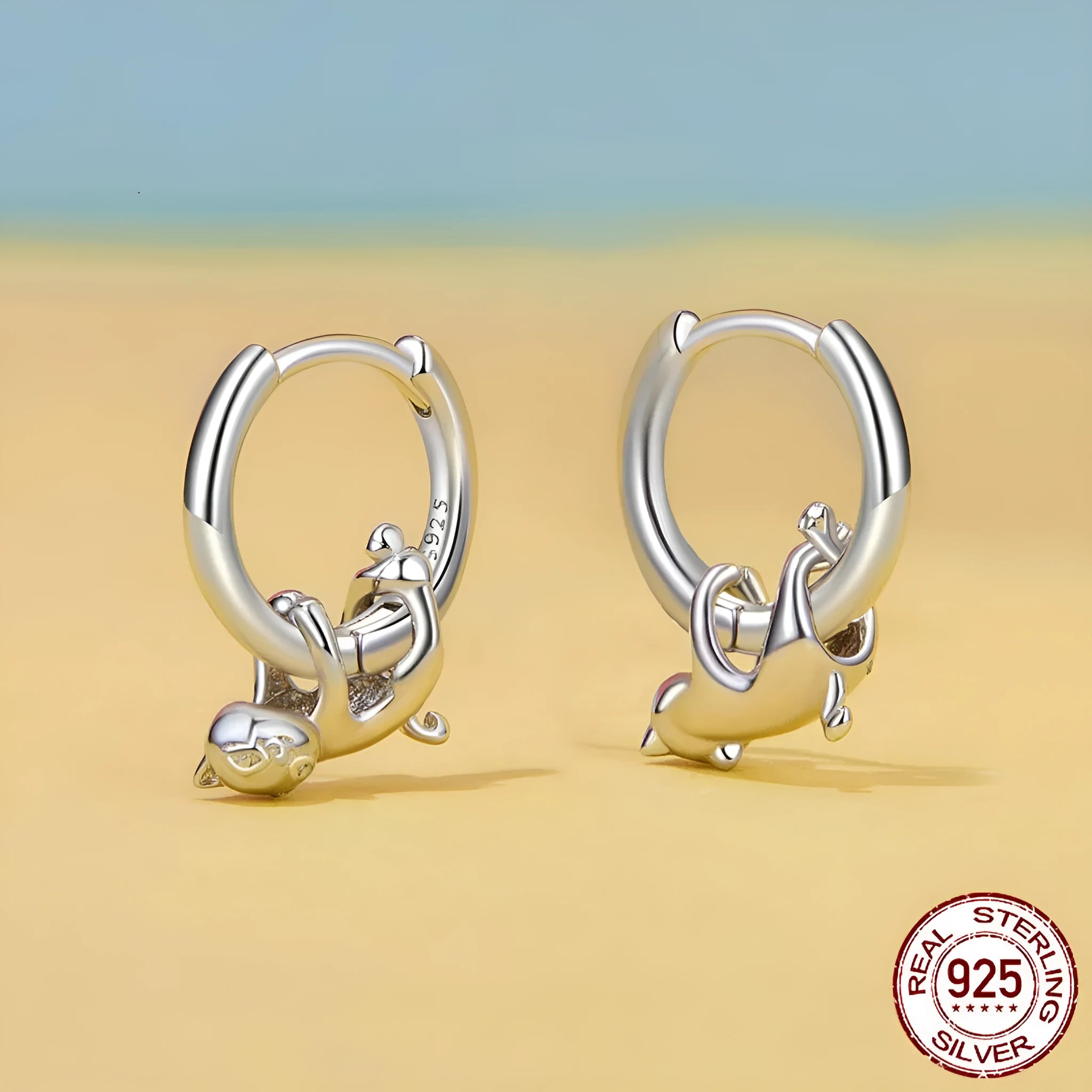 Female cute naughty cat S925 sterling silver earrings 15x5mm simple style electroplated silver colour SCE1756