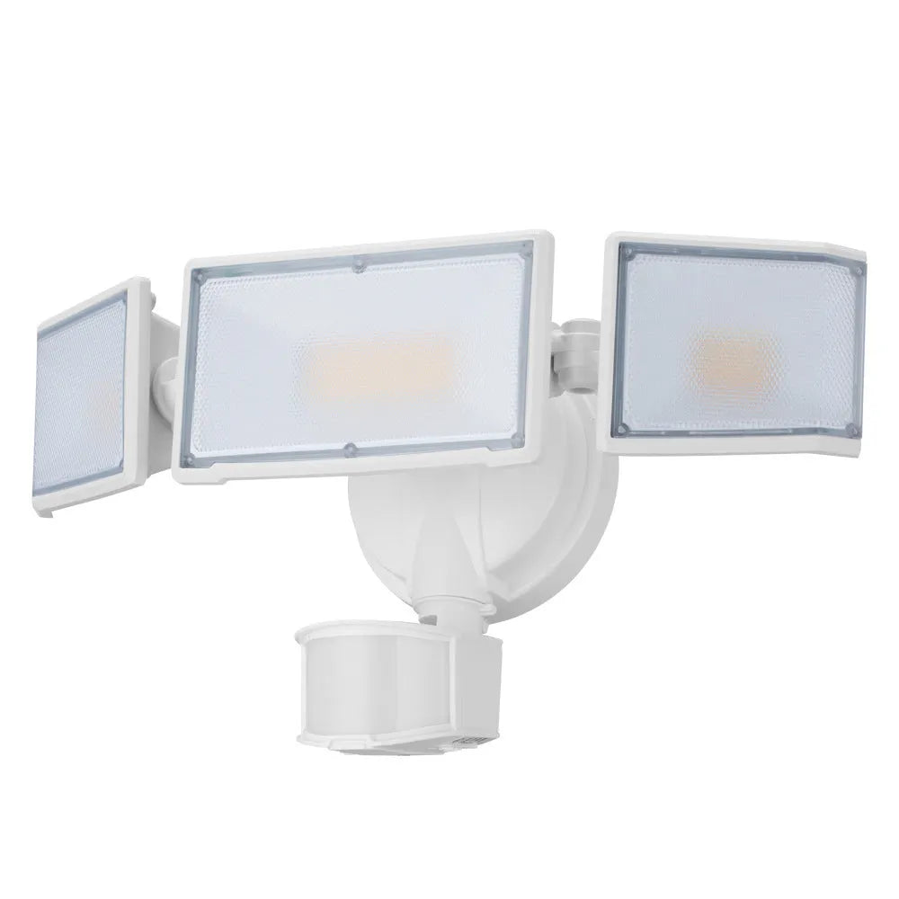 White or black LED security flood light with motion sensor for outdoor wall or ceiling mounting