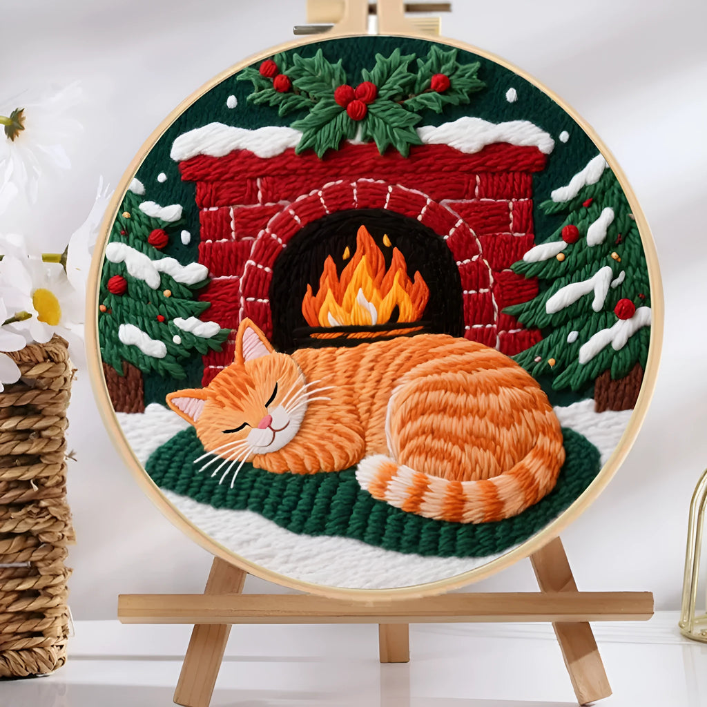 Embroidery DIY material kit with 20cm bamboo hoop, scissors, and autumn fruit pattern cotton linen fabric.