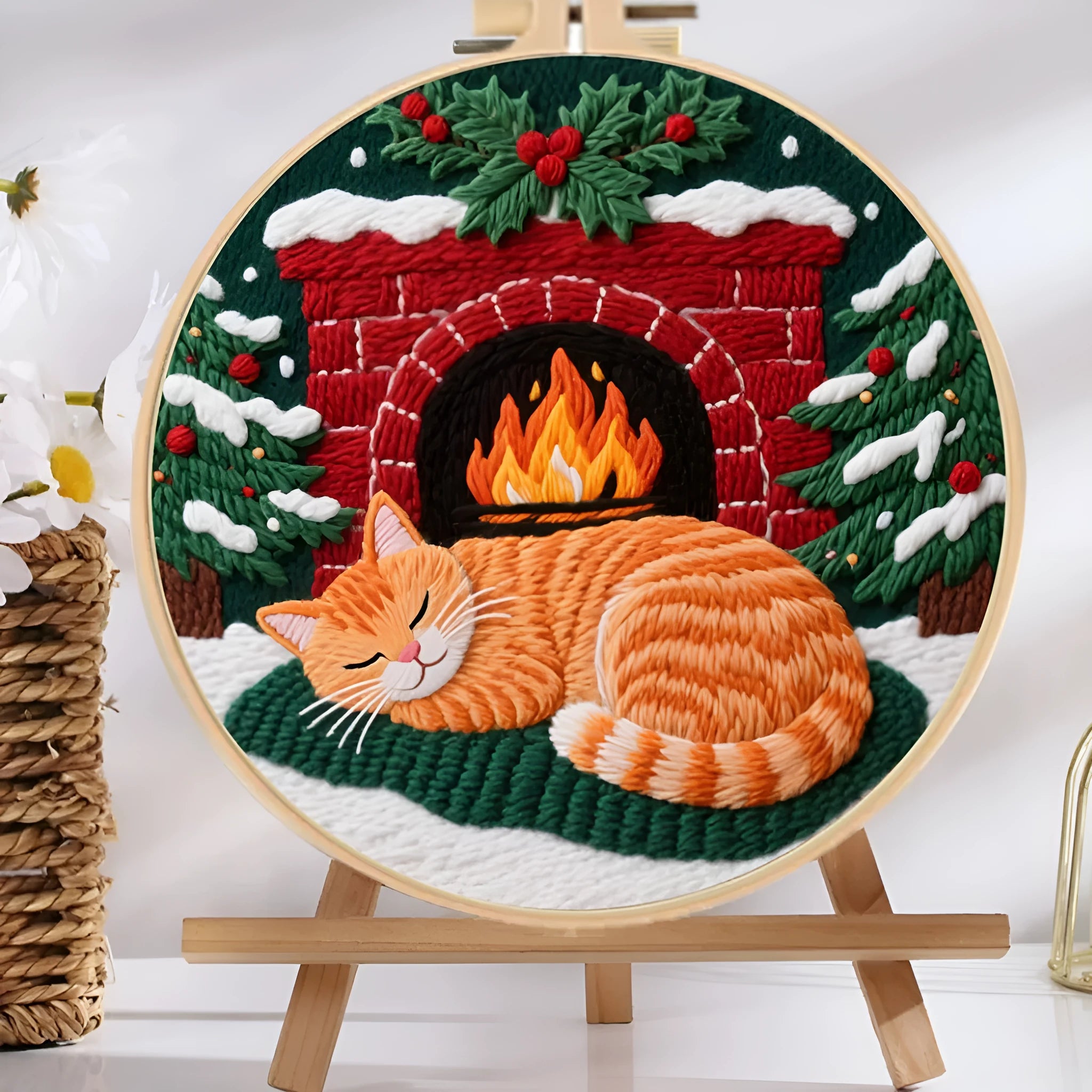 Embroidery DIY material kit with 20cm bamboo hoop, scissors, and autumn fruit pattern cotton linen fabric.
