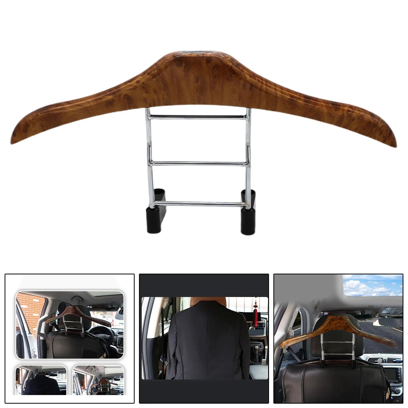 Stainless steel car mounted clothes hanger with wood yellow finish and detachable design