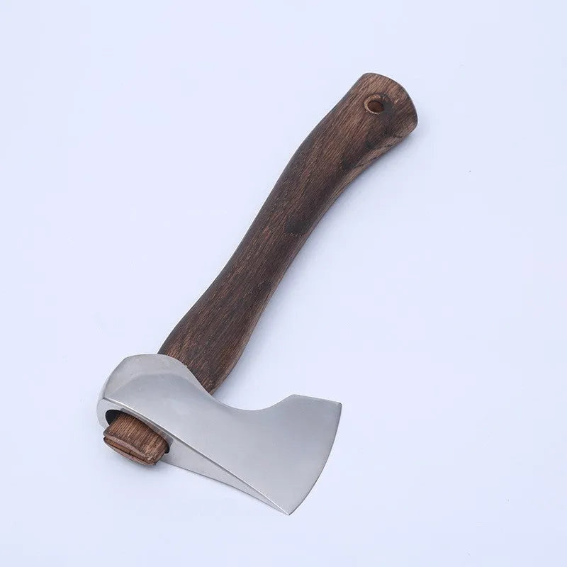 Camping axe with wooden handle and high carbon steel head showing dimensions