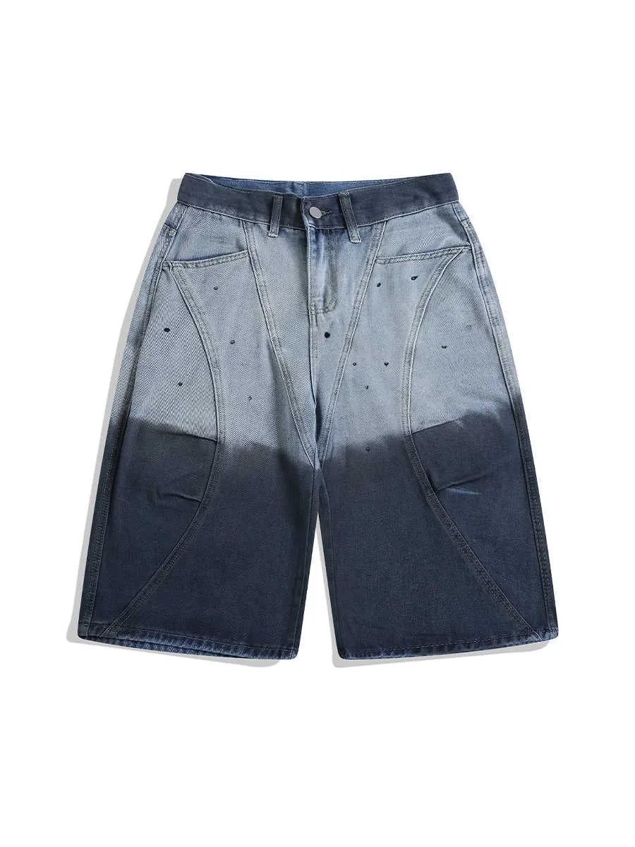 Blue tie-dye gradient washed-out cropped jeans on a model, showing loose fit and mid-waist.