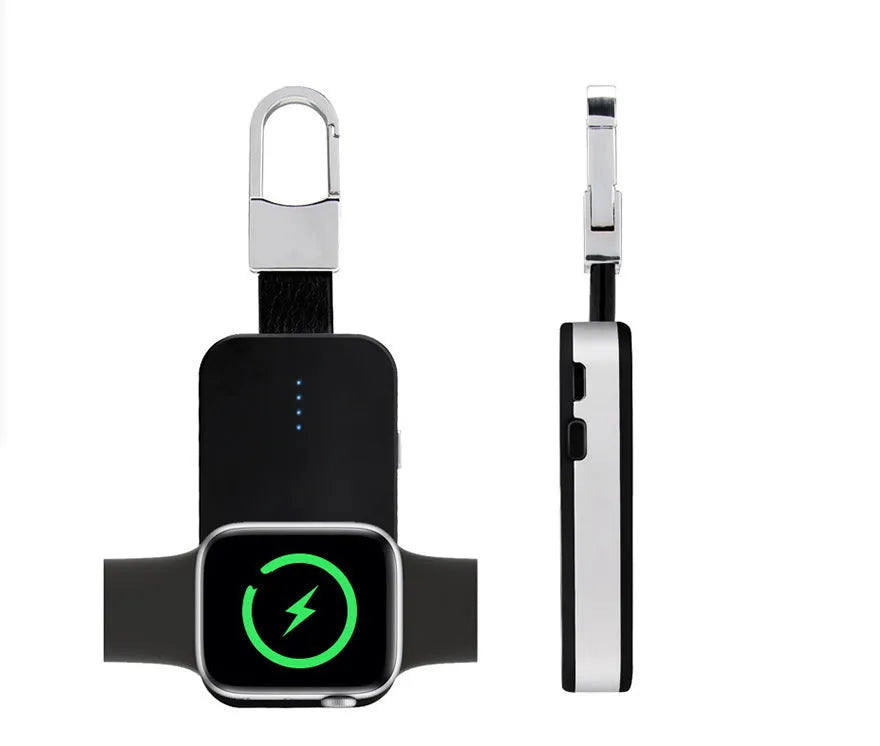 Black ABS Apple Watch wireless charging power bank on a keyring, shown next to an Apple Watch.