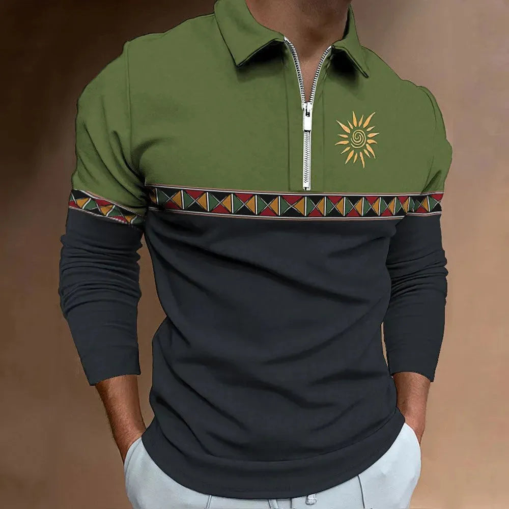 Men's retro colour print golf top with striped pattern and zipper decorations on polyester bird eye cloth