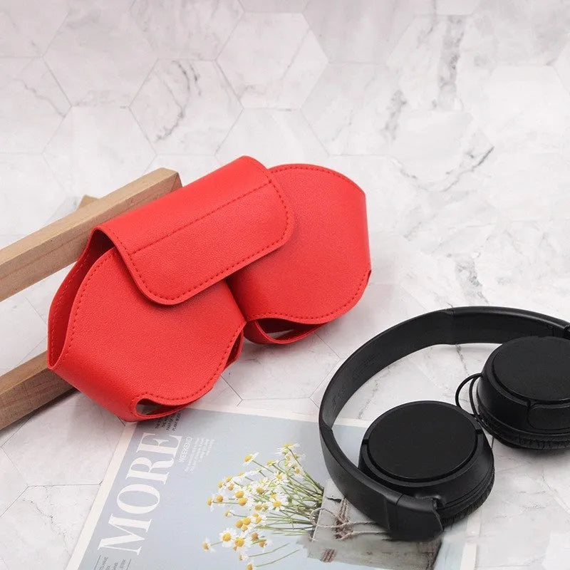 AirPods Max protective case in PU leather, shown in available colours: black, red, white, green, and blue.