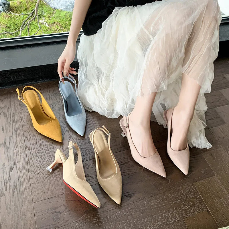 Suede stiletto high heels in apricot, pink, sky blue or yellow with pointed toe and rubber sole
