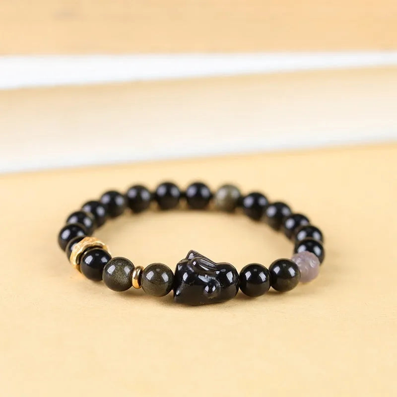 Handmade Chinese national style bracelet with lying rabbit charm and jin yaoshi beads in 8mm size