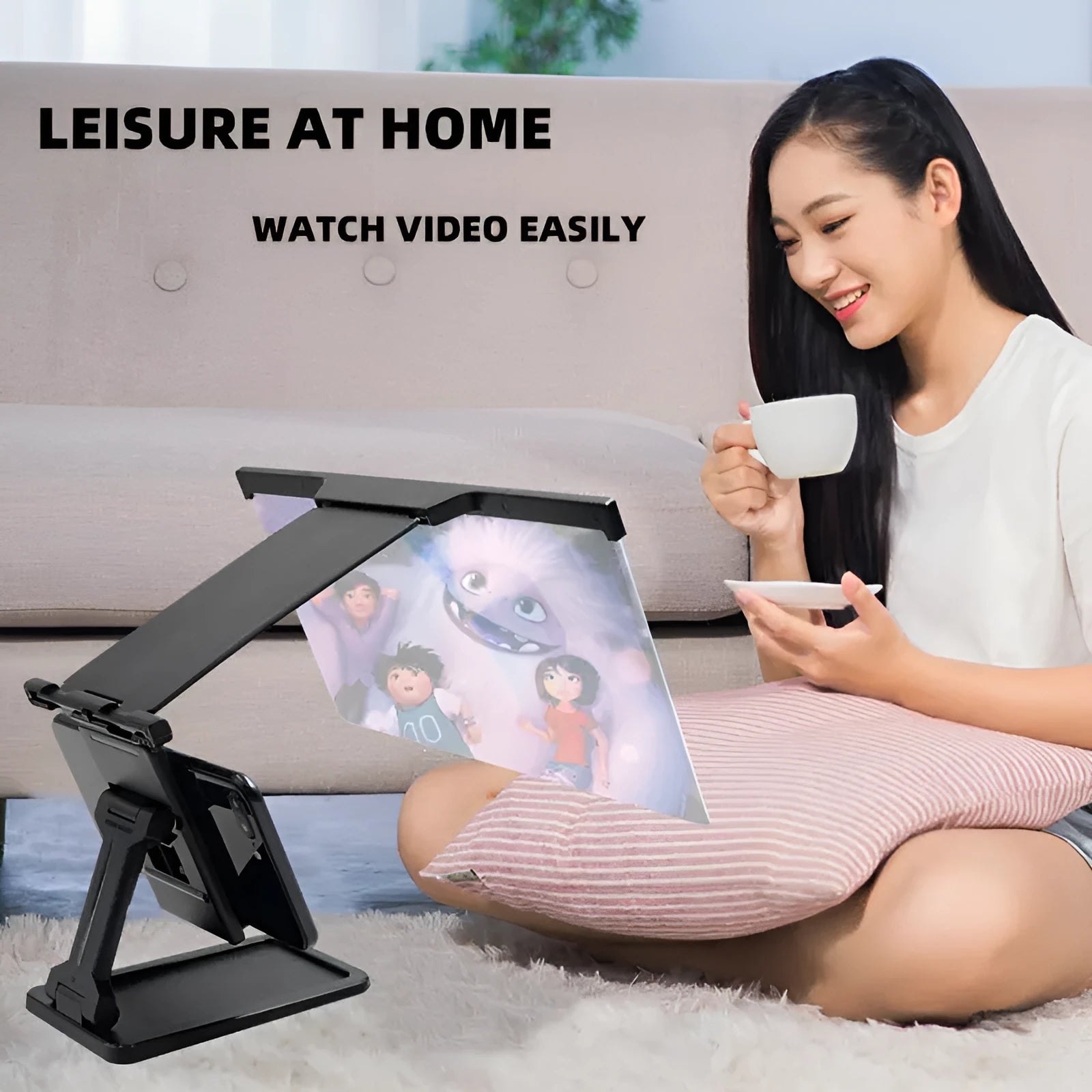 Black 12-inch curved mobile phone screen amplifier with detachable holder, shown folded and unfolded.