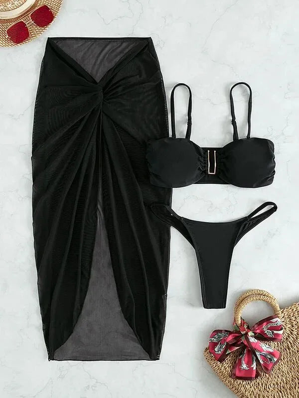 Multicolour French style bikini three-piece set with long culottes skirt