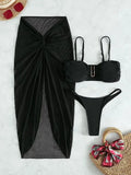 Multicolour French style bikini three-piece set with long culottes skirt