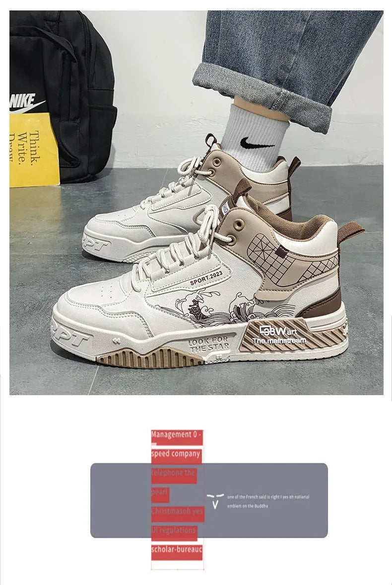 Men's increased height board shoes in beige, white, or blue with rubber soles and mesh lining