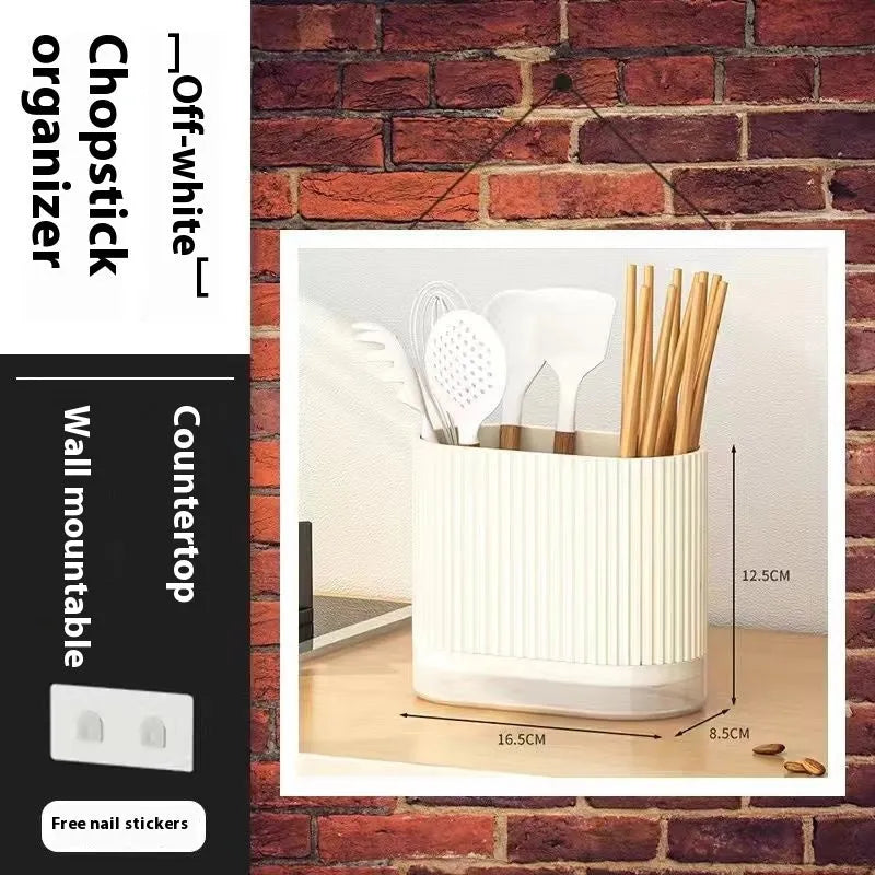 Plastic wall-mounted chopsticks basket with spoon holder in beige, dark green, or orange showing cross-border drainage design