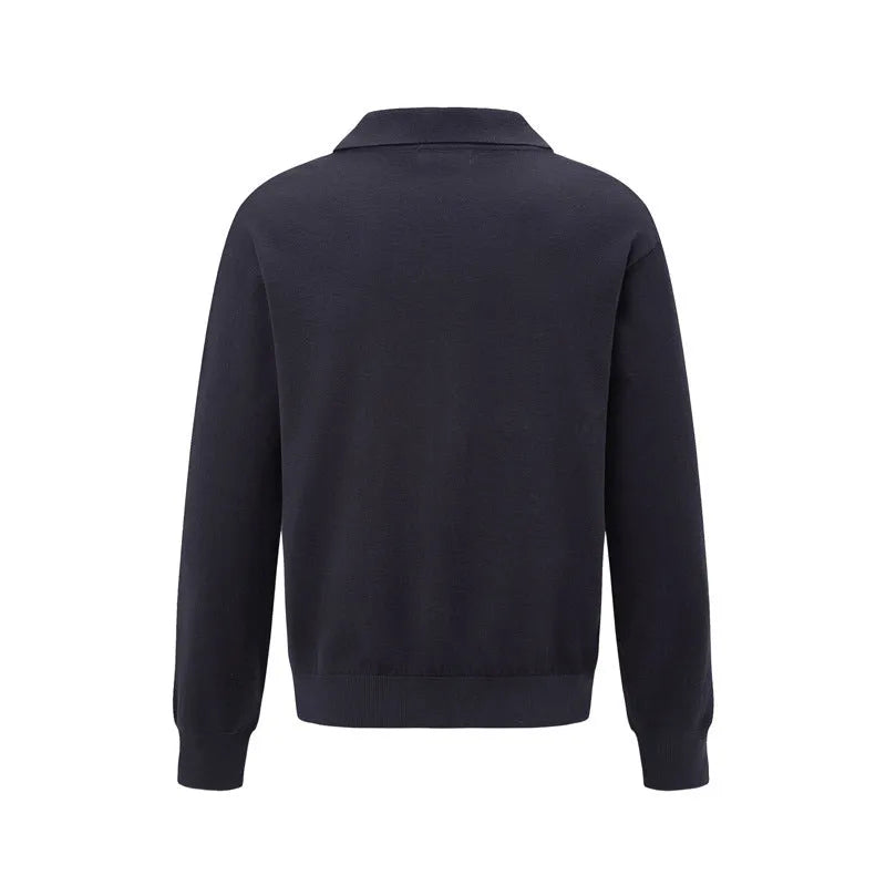 Man's loose-fit pullover sweater in acrylic blend available in beige, black, and dark grey.