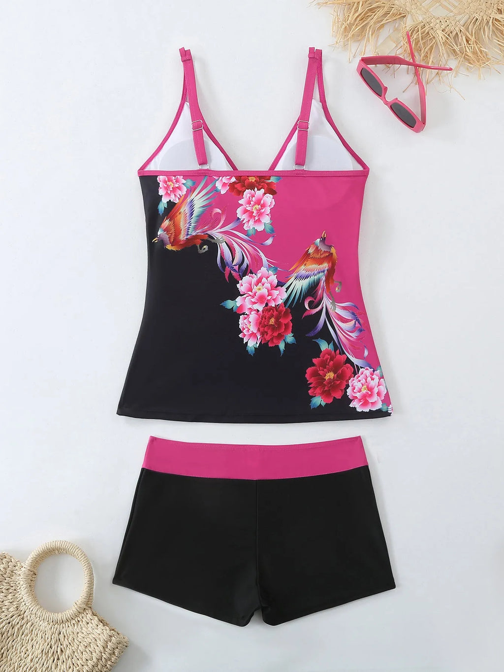 Women's plus size two-piece swimsuit in black or rose red, with briefs bottom.