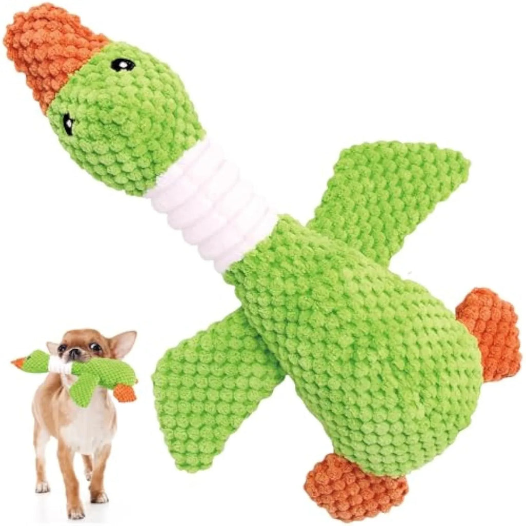 Blue duck-shaped plush dog toy with two squeakers measuring 33cm long