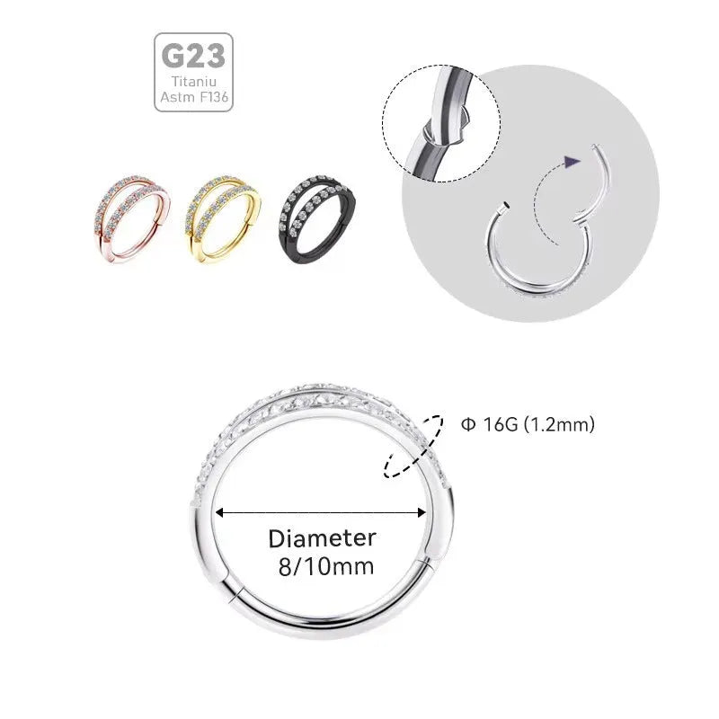 Titanium alloy nose ring with G23 monoclinic diamond treatment in steel or gold colour options