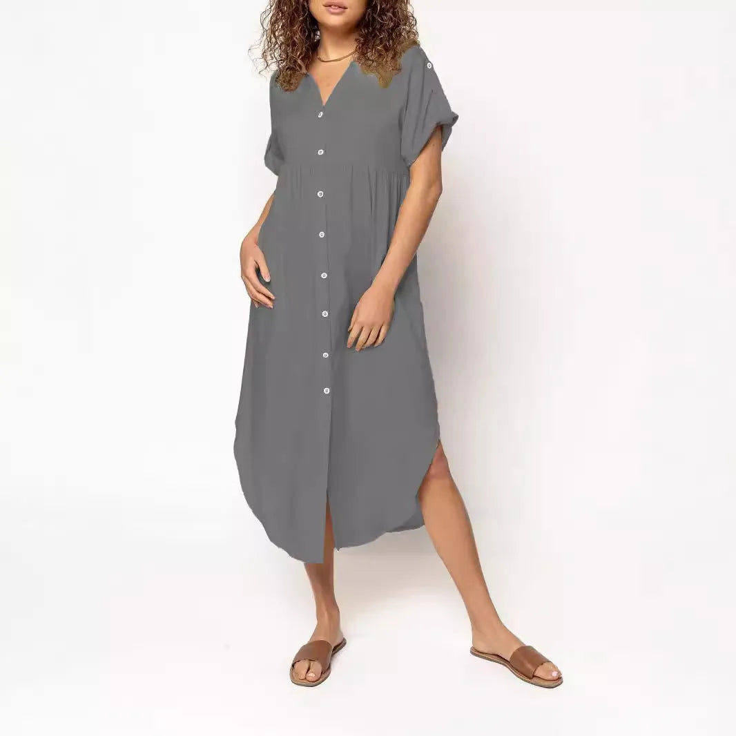 Women's button-front casual midi dress in polyester fabric with loose fit and regular sleeves