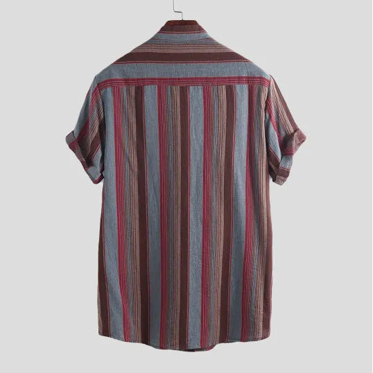Men's long sleeve striped shirt with stand-up collar, lapel-style print and pocket decoration in red or yellow