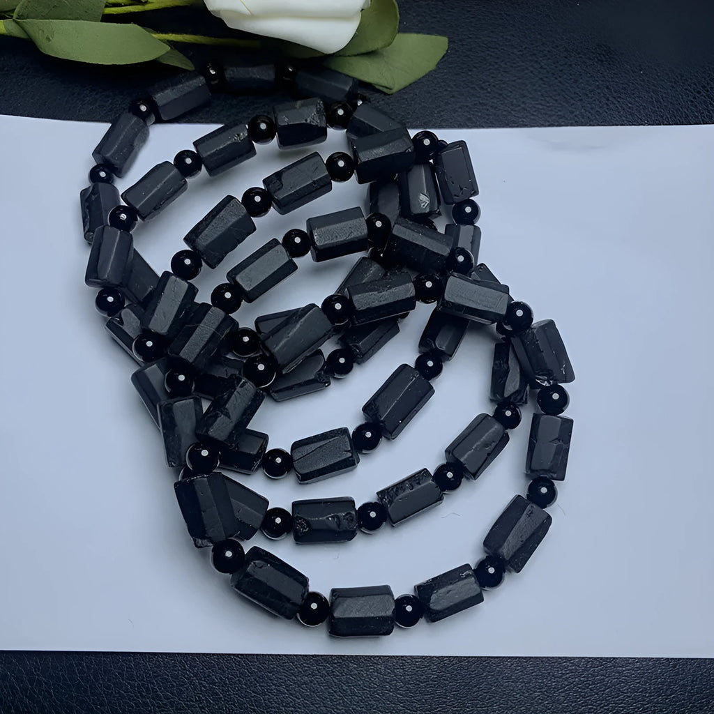 Natural black tourmaline rough stone bracelet with 10mm diameter adjustable unisex design