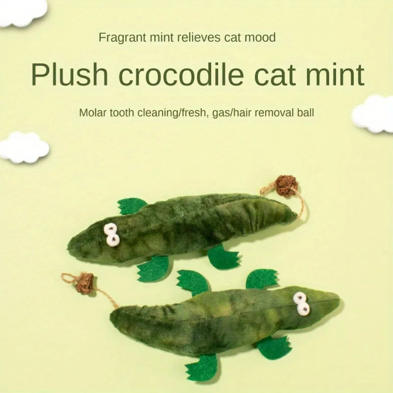 Green plush alligator shaped cat toy with catnip and peppermint for oral cleansing and stress relief