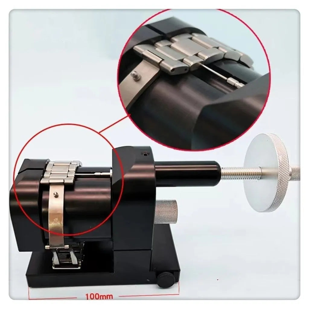 Alloy steel watch strap removal machine tool on a bench, showing compact size and components.