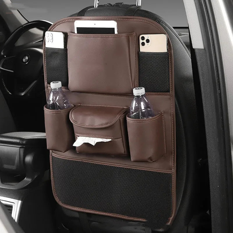 Leather car seat back storage bag mounted behind a car seat in a choice of black, brown, green, or grey.